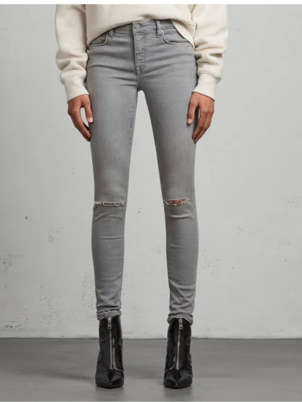 AllSaints Grace Skinny Jeans Light Grey Distressed Knee Stretch Size 27